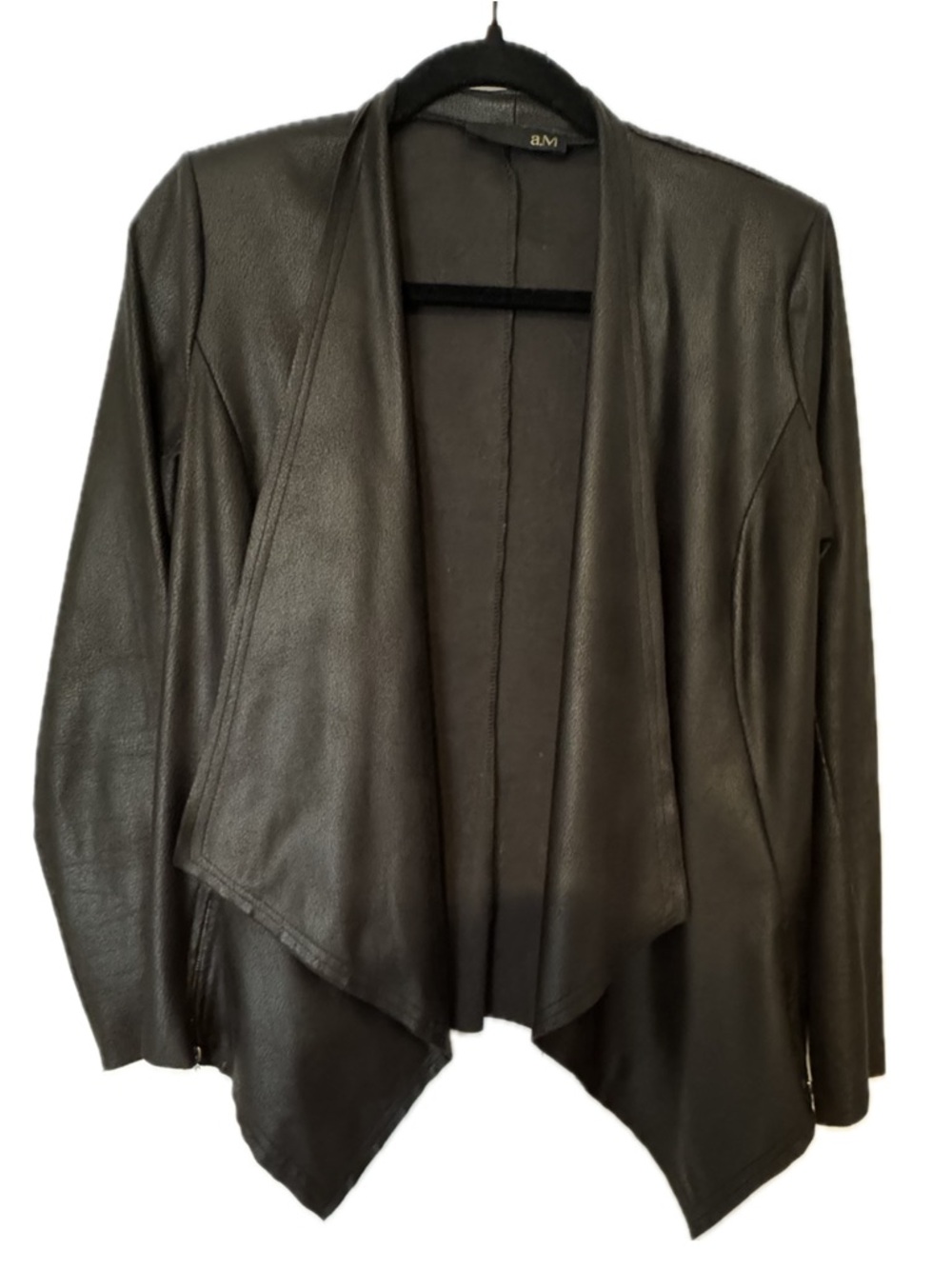 Black Draped Open-Front Vegan Leather Jacket